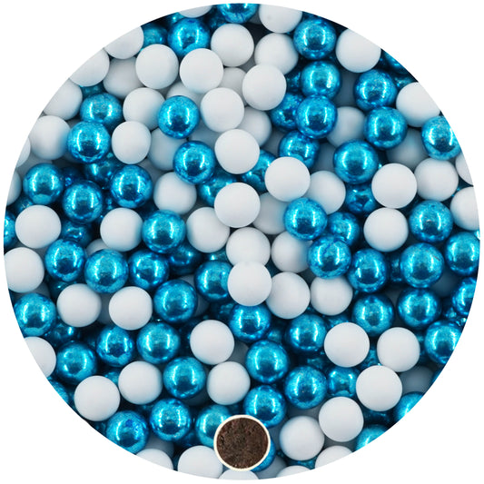 1kg Schokokugeln Mix mini weiss-blau metallic 1 cm