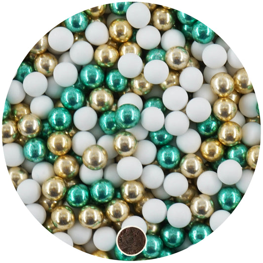 1kg Schokokugeln Mix mini weiss-gold-grün metallic 1 cm