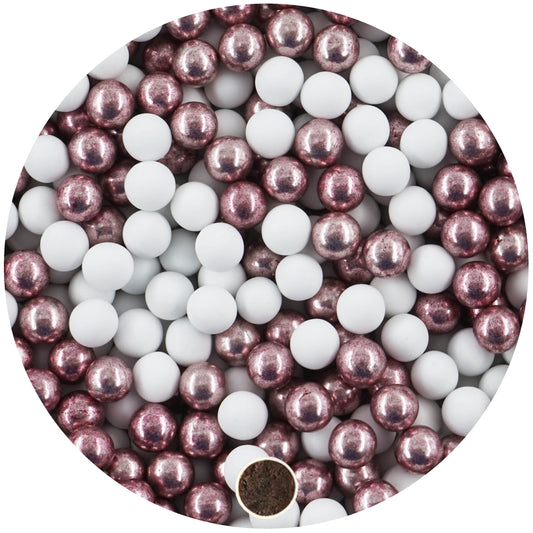 1kg Schokokugeln Mix mini weiss-rosa metallic 1 cm