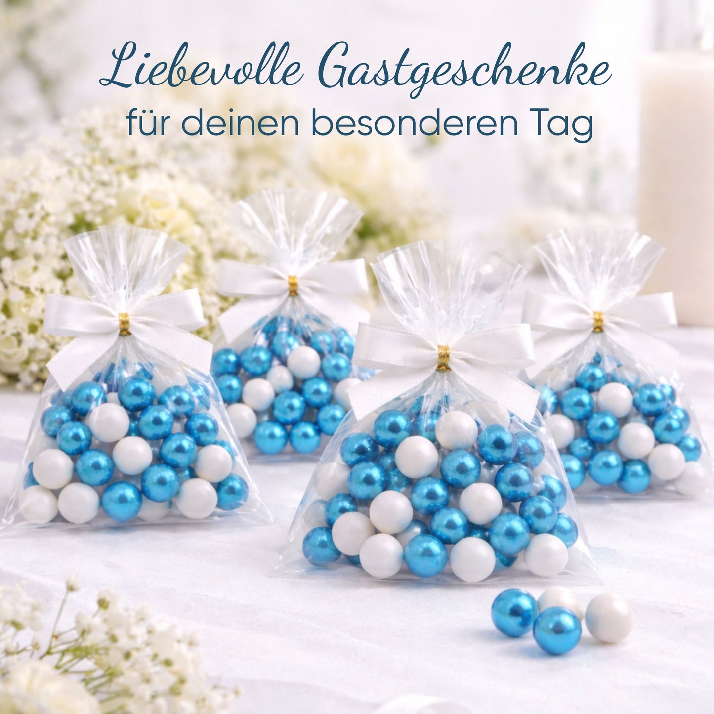5 Stück kleine Gastgeschenke mit Schokokugeln weiss-blau