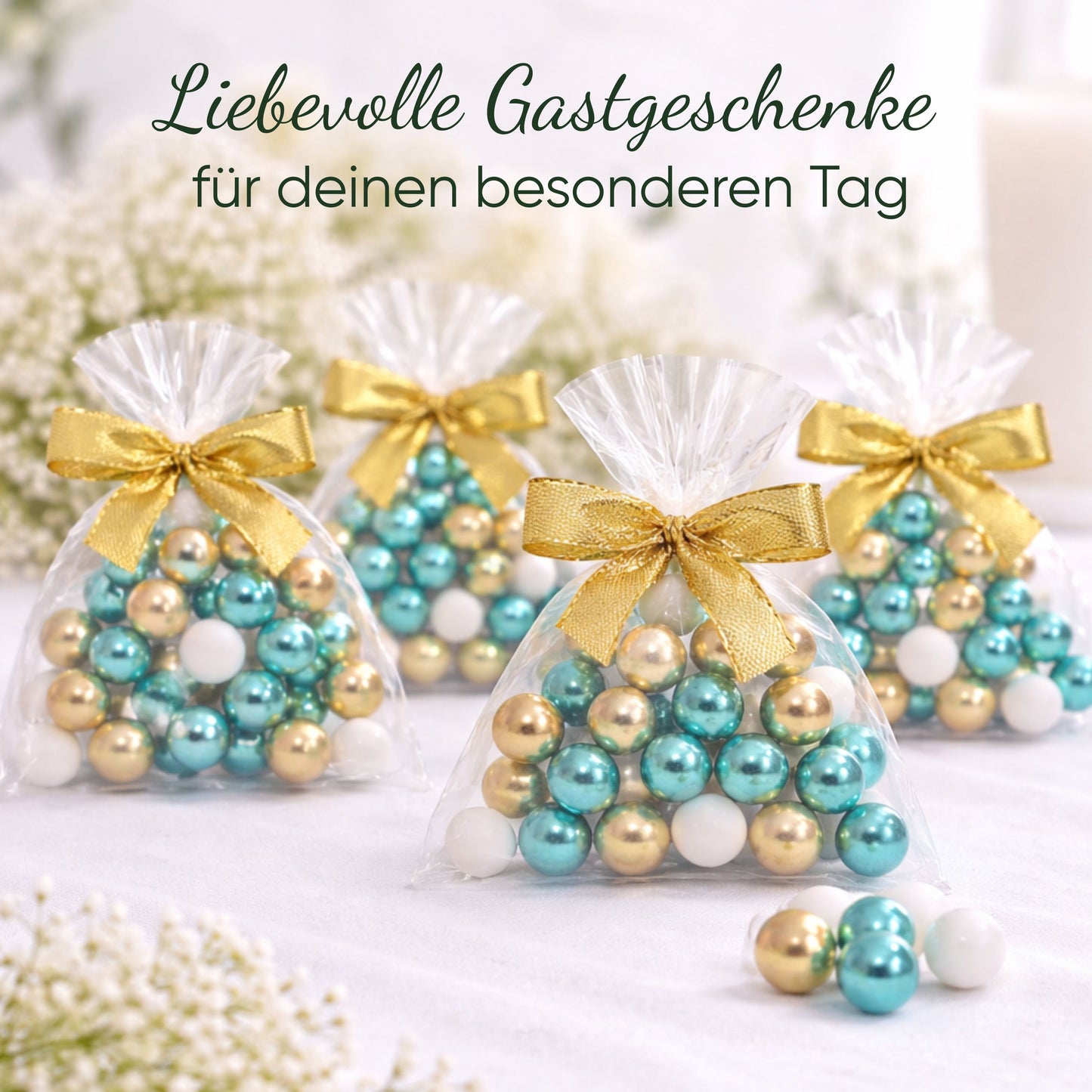 5 Stück kleine Gastgeschenke mit Schokokugeln weiss-gold-grün
