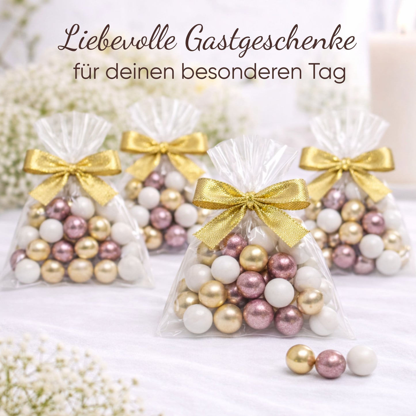 5 Stück kleine Gastgeschenke mit Schokokugeln weiss-gold-rosa