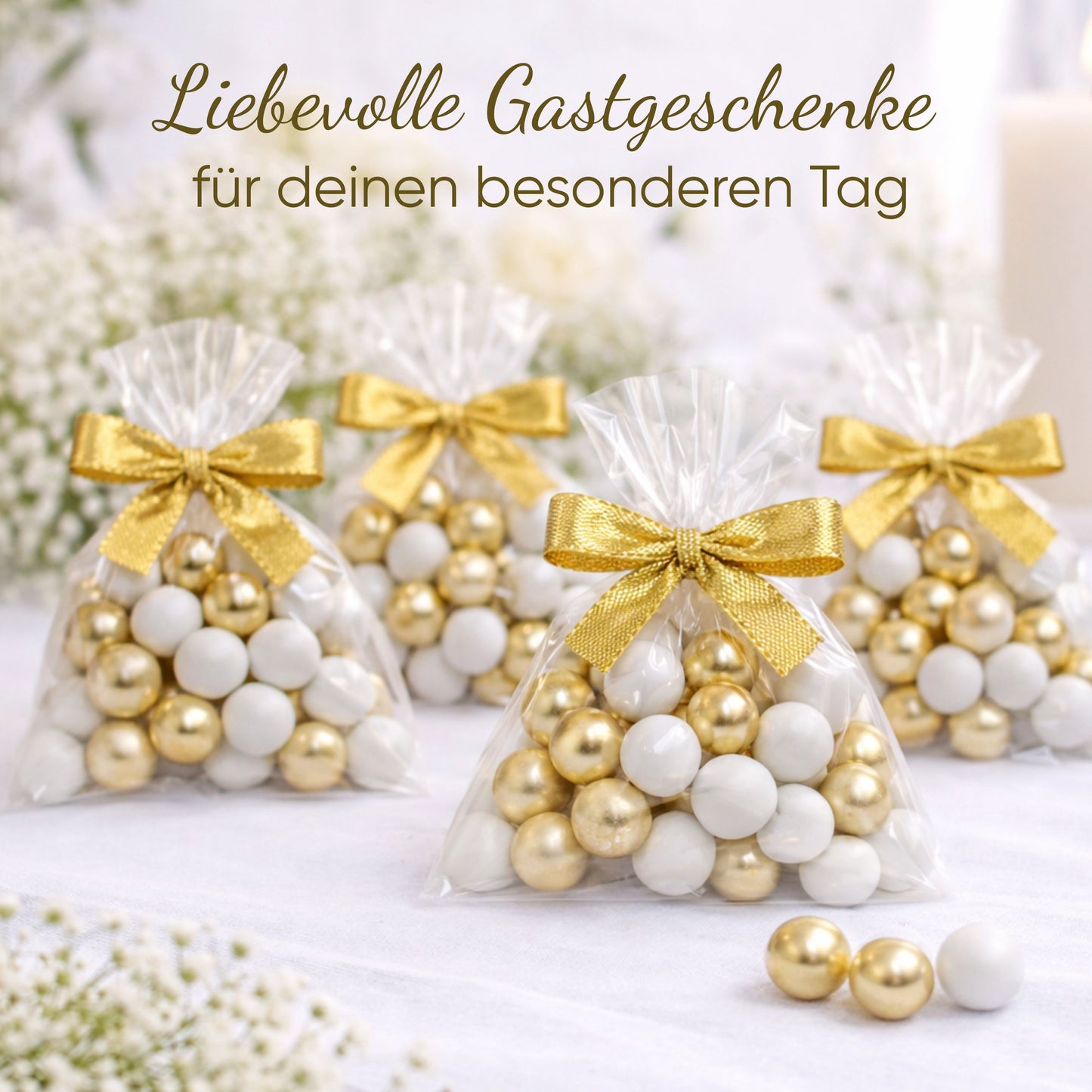 5 Stück kleine Gastgeschenke mit Schokokugeln weiss-gold