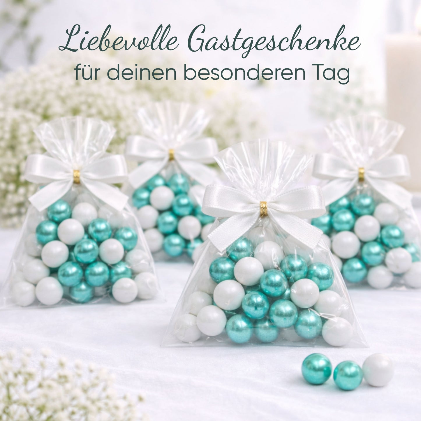 5 Stück kleine Gastgeschenke mit Schokokugeln weiss-grün