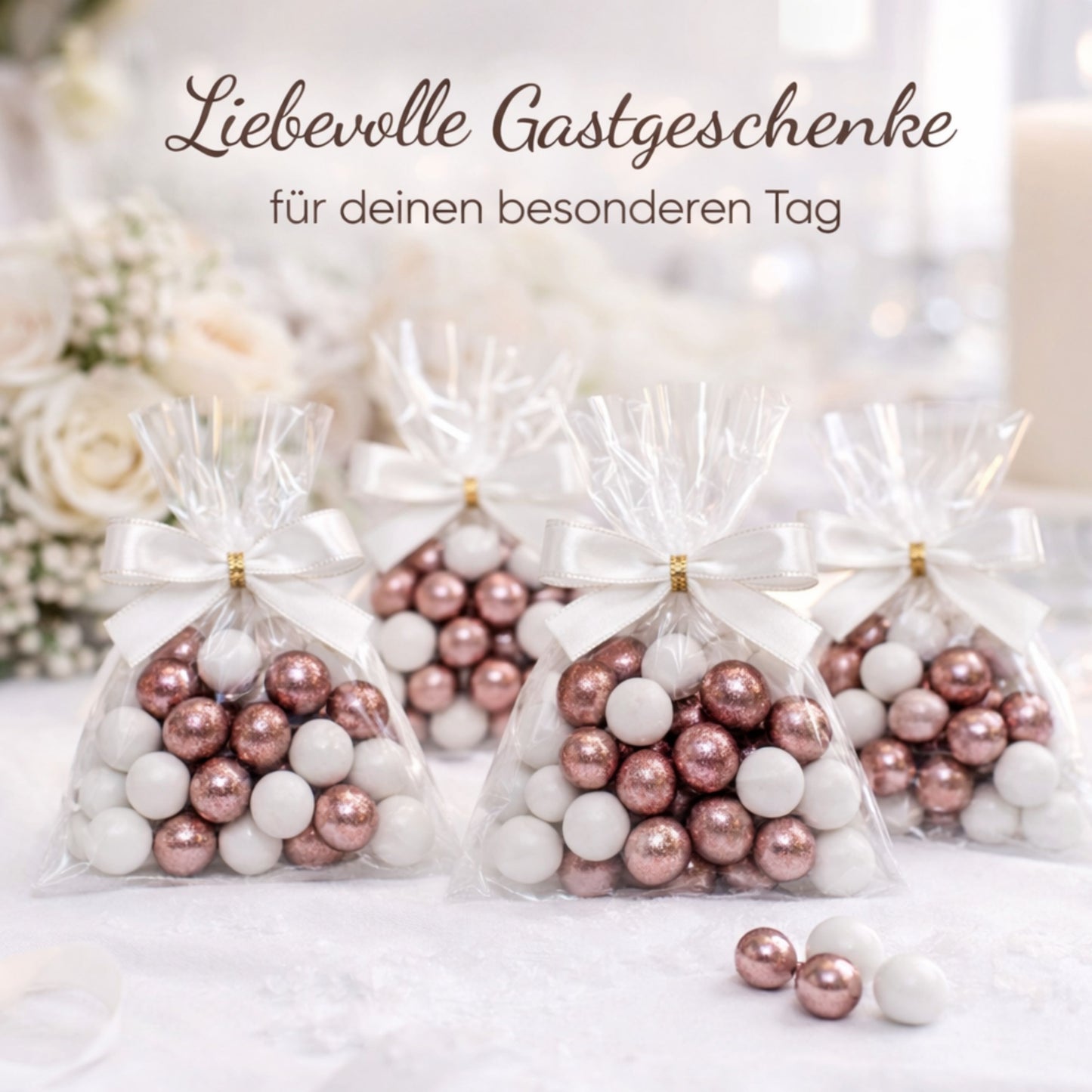 5 Stück kleine Gastgeschenke mit Schokokugeln weiss-rosa