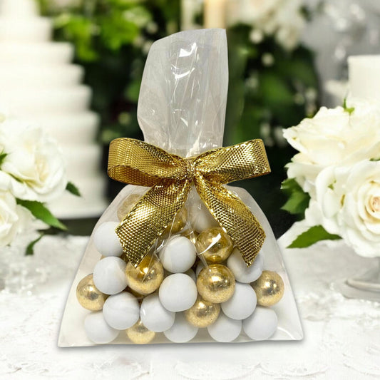 5 Stück kleine Gastgeschenke mit Schokokugeln weiss-gold