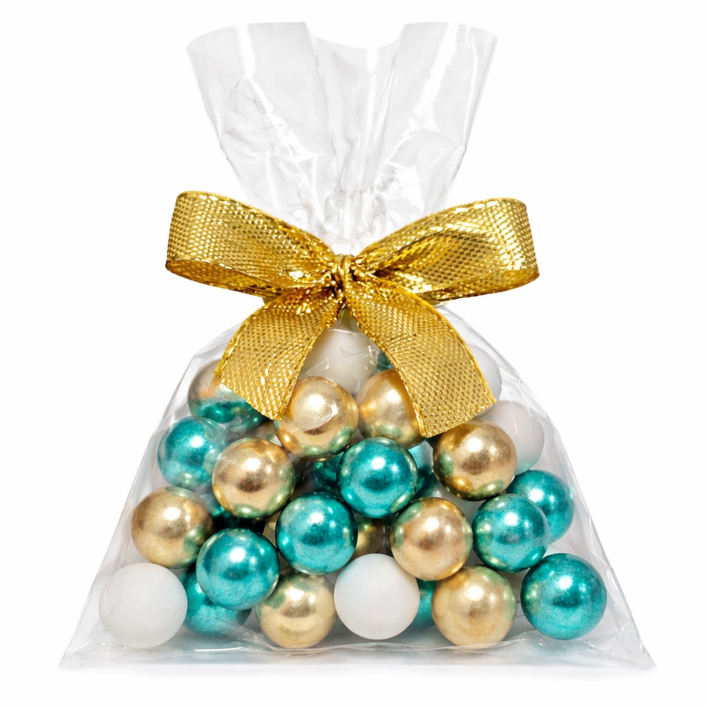 5 Stück kleine Gastgeschenke mit Schokokugeln weiss-gold-grün