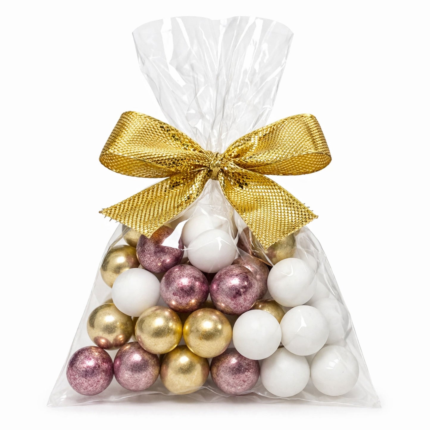 5 Stück kleine Gastgeschenke mit Schokokugeln weiss-gold-rosa