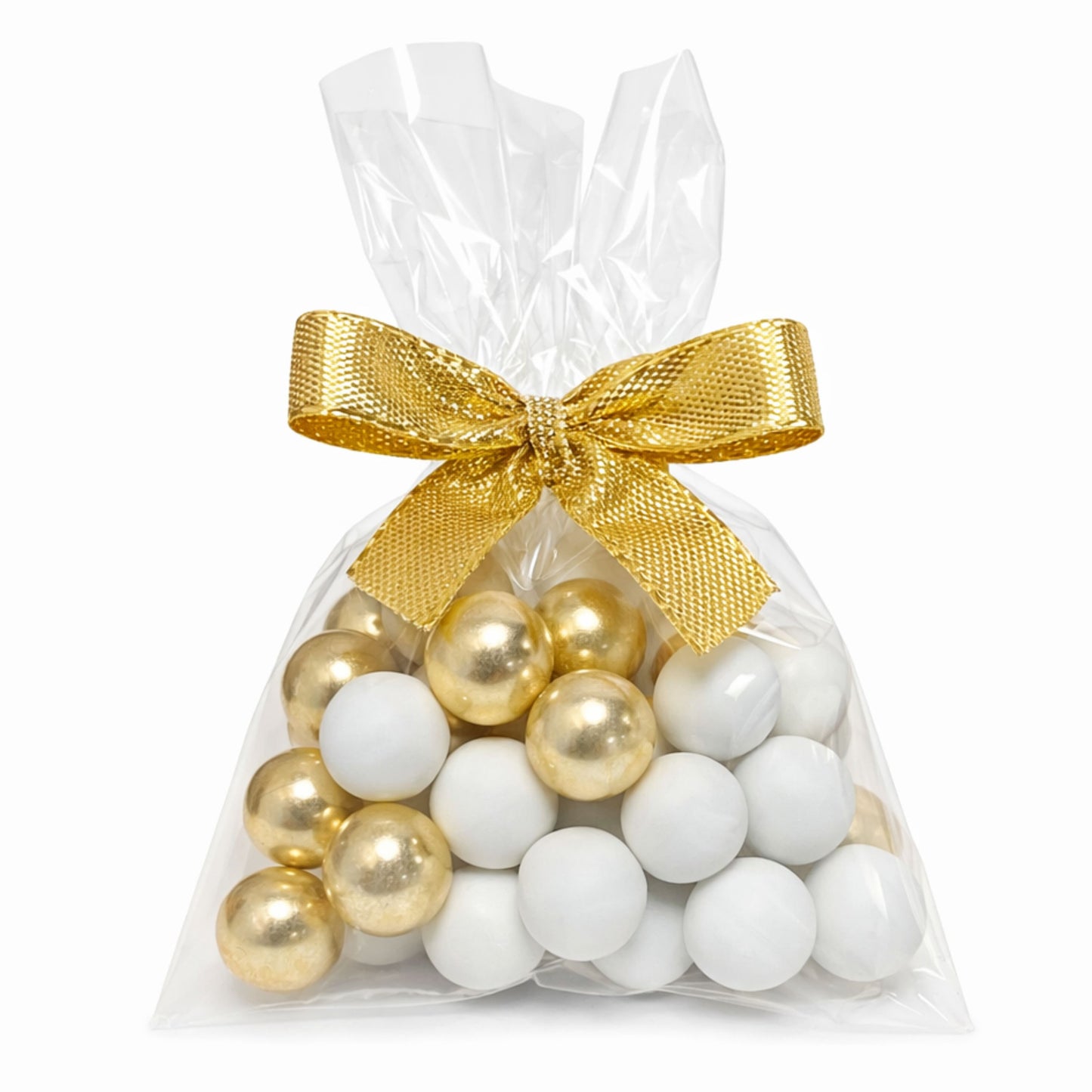 5 Stück kleine Gastgeschenke mit Schokokugeln weiss-gold