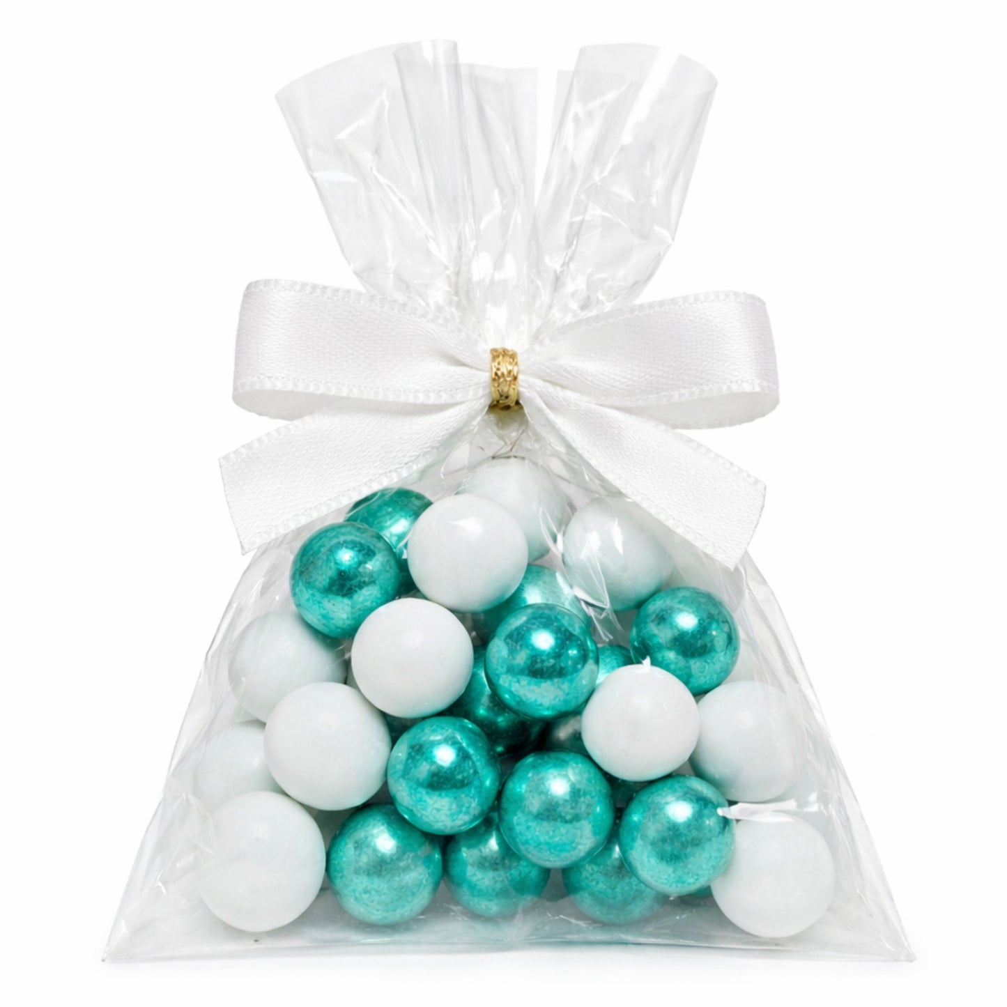 5 Stück kleine Gastgeschenke mit Schokokugeln weiss-grün