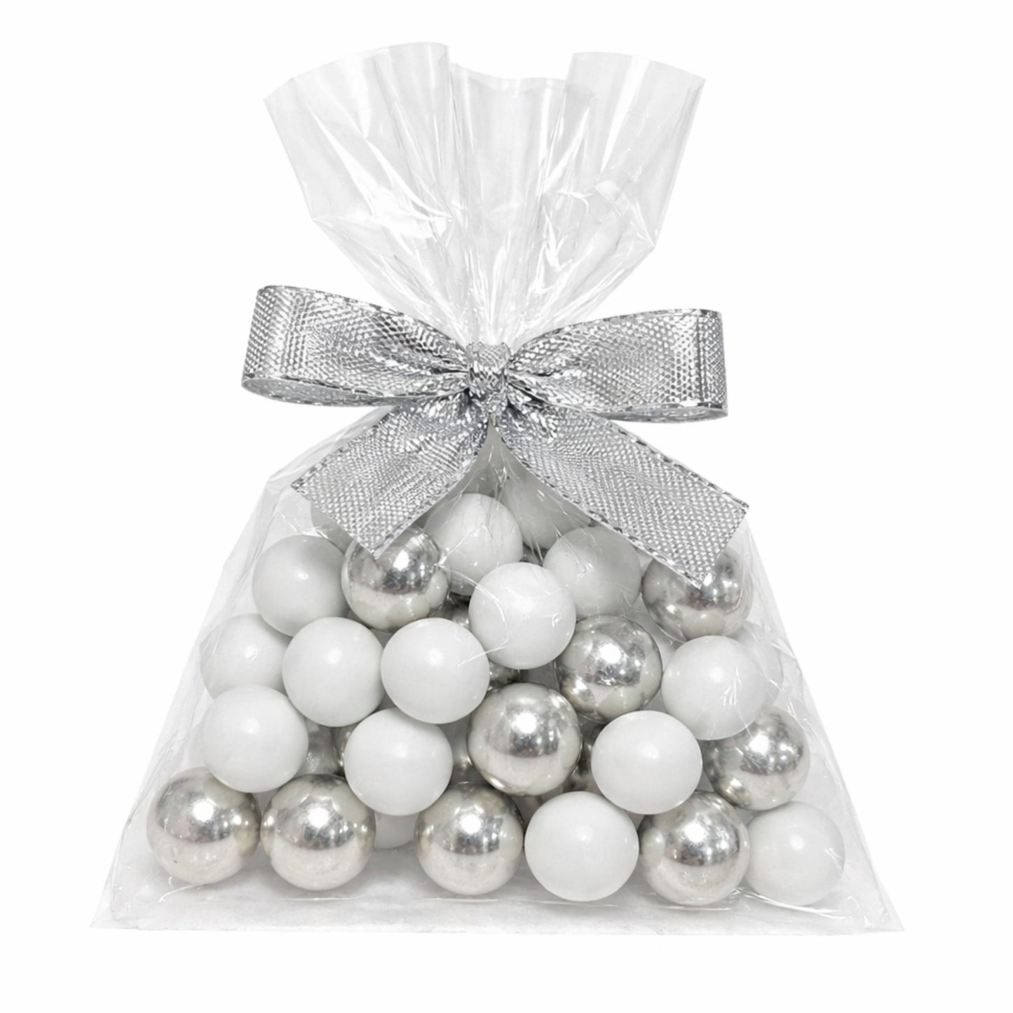 5 Stück kleine Gastgeschenke mit Schokokugeln weiss-silber