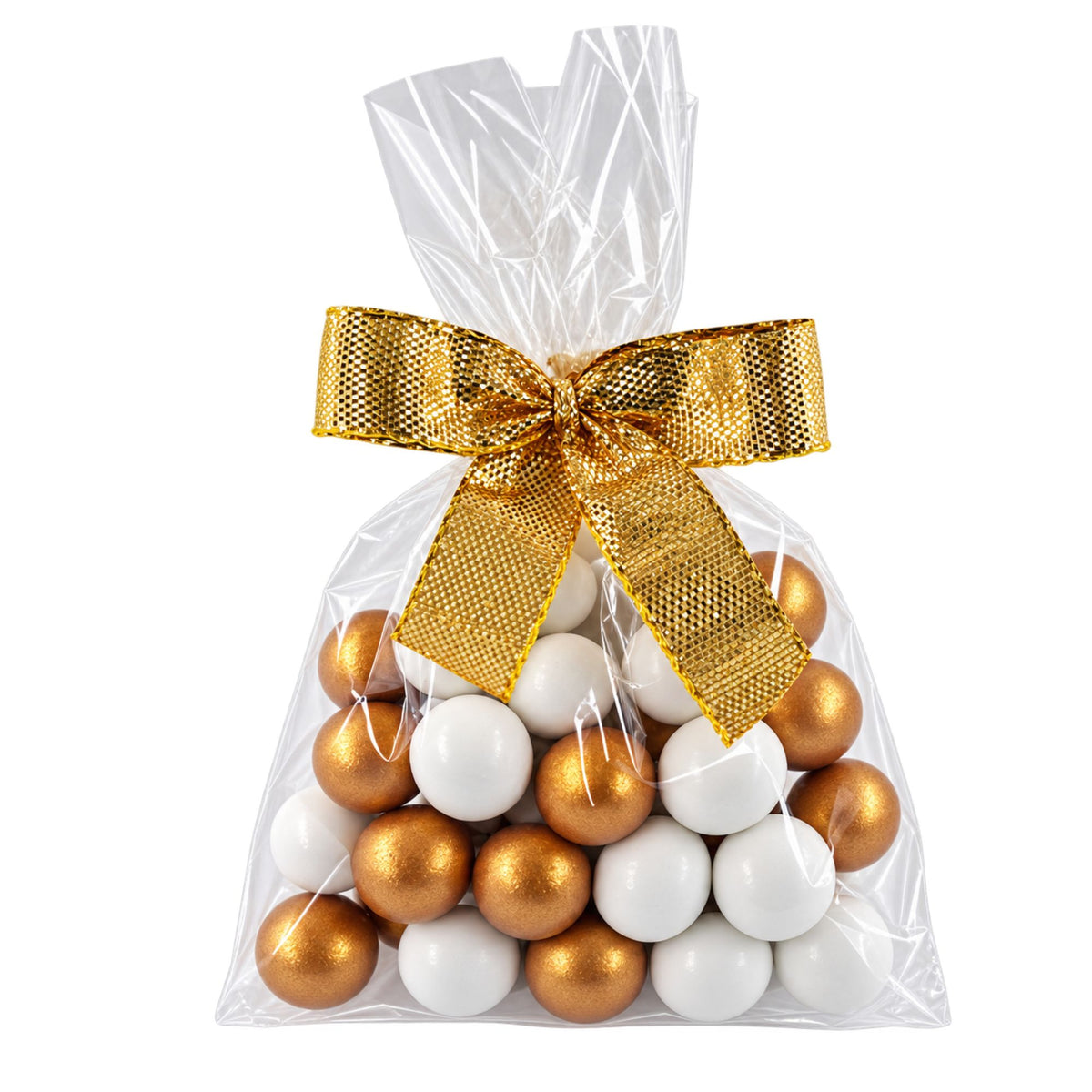 5 fertige Gastgeschenke weiß-gold mit Schokokugeln