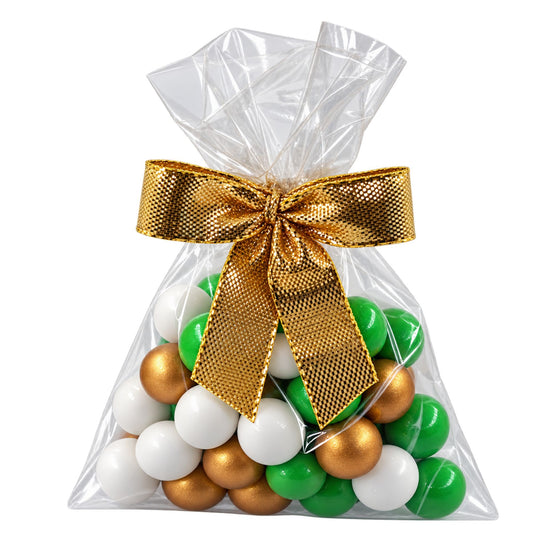 5 fertige Gastgeschenke weiß-gold-grün mit Schokokugeln