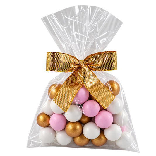 5 fertige Gastgeschenke weiß-gold-rosa mit Schokokugeln
