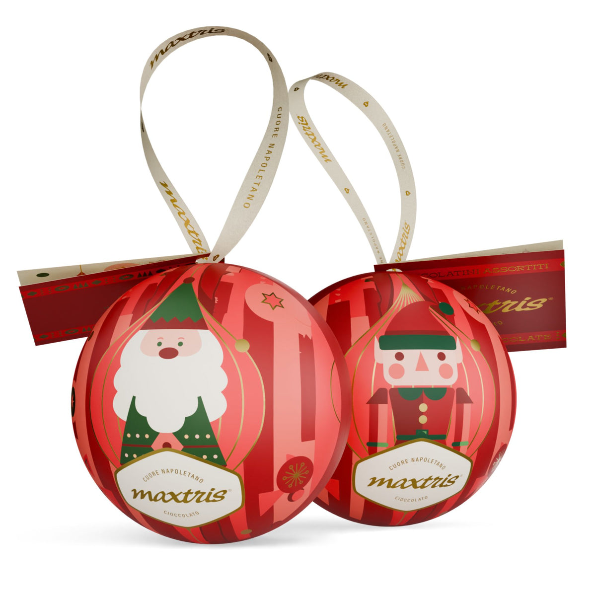 Geschenk Weihnachten – Weihnachtskugel mit Pralinen zum Aufhängen, Motiv Weihnachtsmann und Nussknacker, 100 g