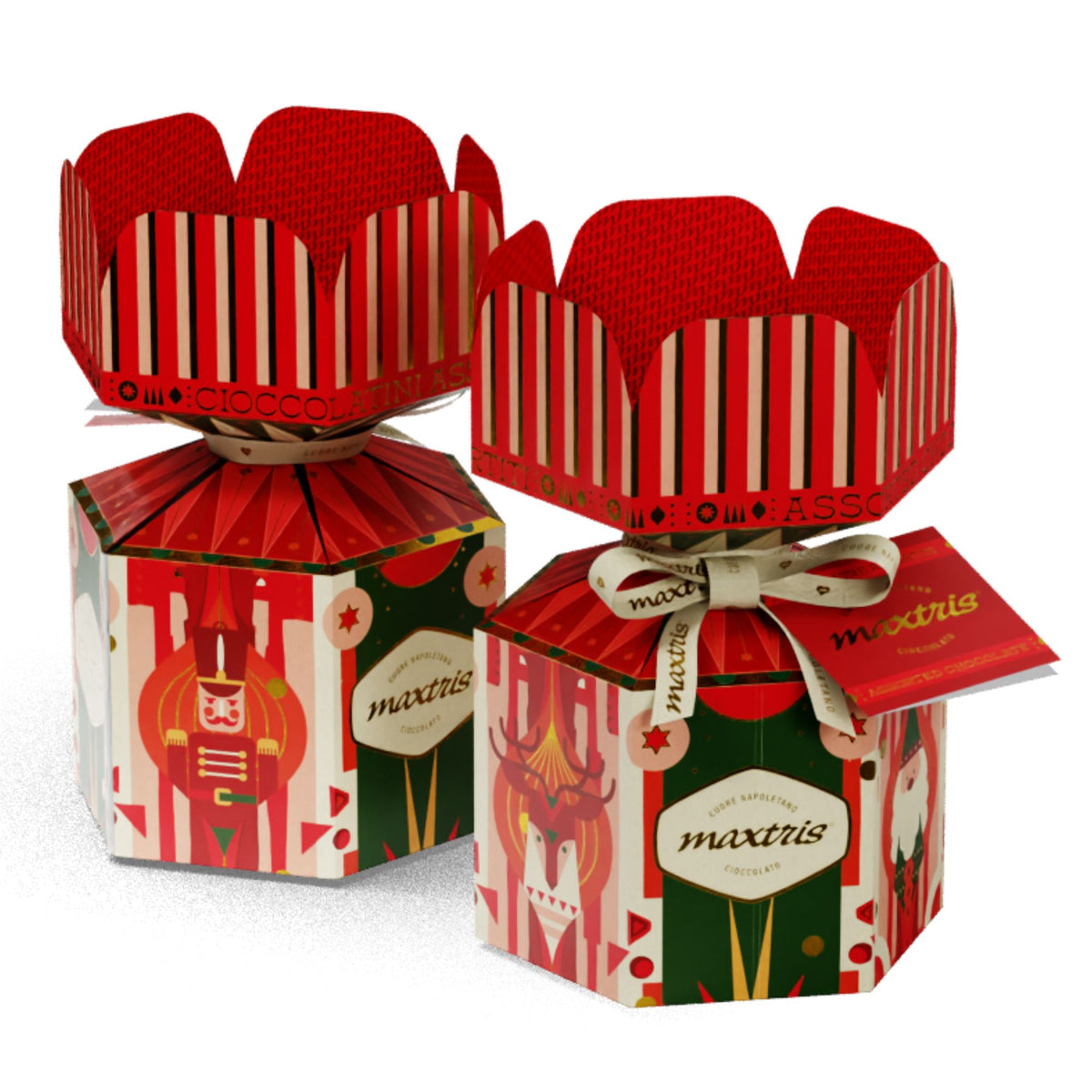 Geschenk Weihnachten – Geschenkbox rot-grün mit Pralinen, Schleife und Nussknacker-Motiv, 70 g