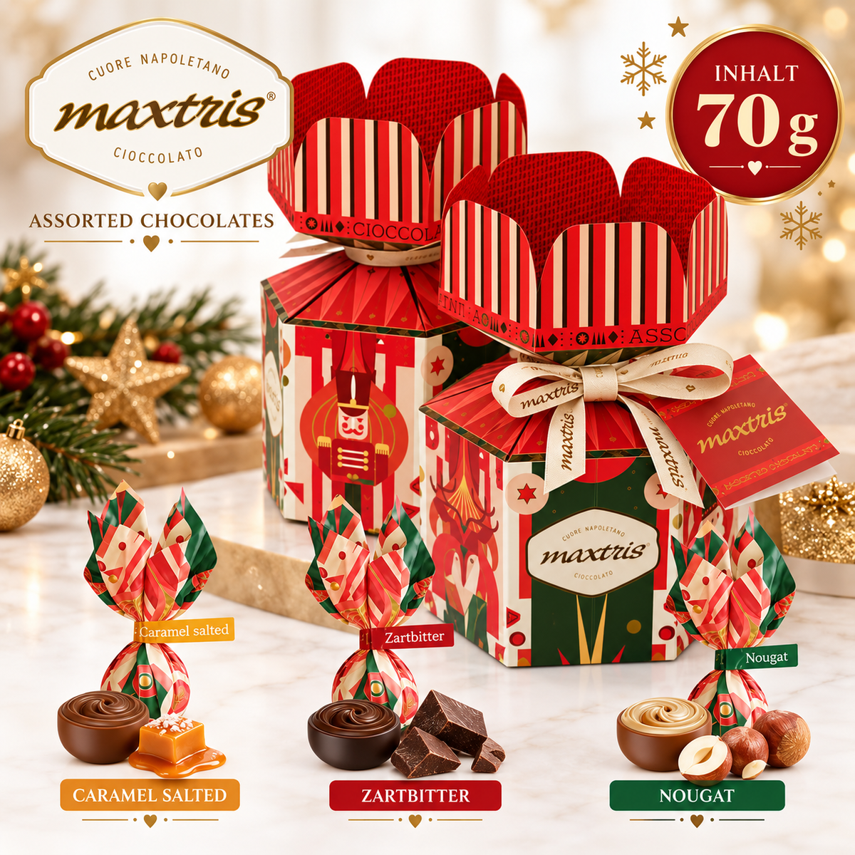 Geschenkbox mit Pralinen Karamell, Nougat & Zartbitter