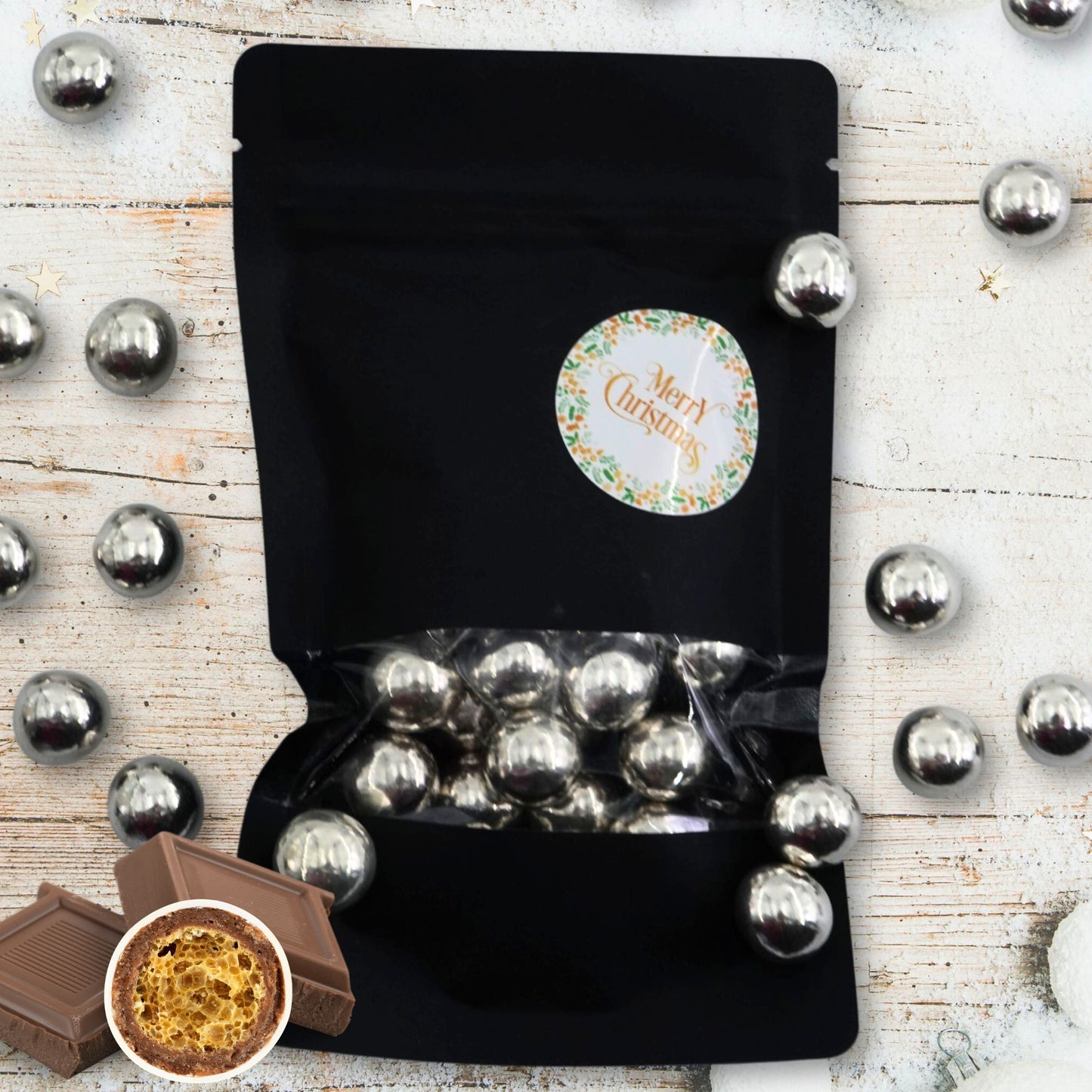 EinsSein Geschenk Weihnachten mit Crispy Schokokugeln silber | Süßigkeiten Weihnachten 100g | Nikolaus Geschenk | Kleinigkeiten für Kollegen Freunde Nachbarn | Schokolade zum Advent