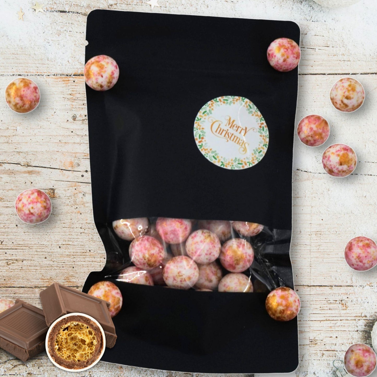 EinsSein Geschenk Weihnachten mit Crispy Schokokugeln weiss-rosa-gold | Süßigkeiten Weihnachten 100g | Nikolaus Geschenk | Kleinigkeiten für Kollegen Freunde Nachbarn | Schokolade zum Advent
