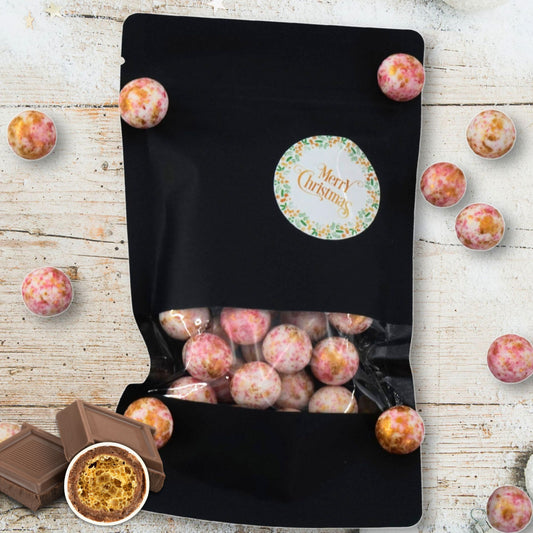 EinsSein Geschenk Weihnachten mit Crispy Schokokugeln weiss-rosa-gold | Süßigkeiten Weihnachten 100g | Nikolaus Geschenk | Kleinigkeiten für Kollegen Freunde Nachbarn | Schokolade zum Advent
