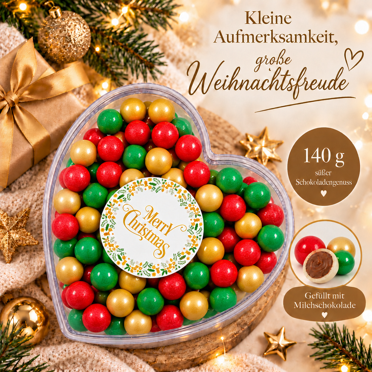Geschenkherz Weihnachten rot-grün-gold „Merry Christmas“ mit Schokolade – Blick auf den Inhalt