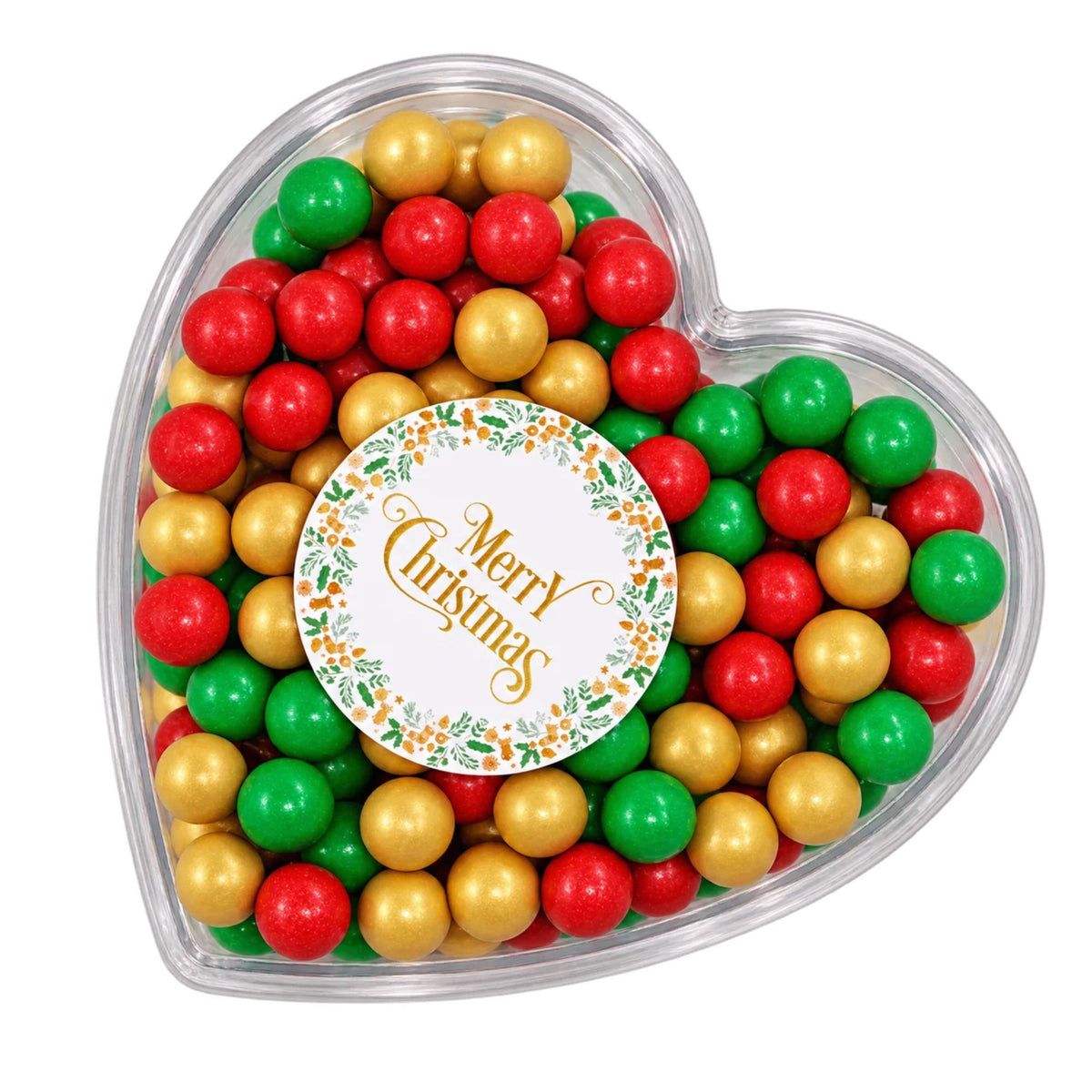 Geschenkherz Weihnachten rot-grün-gold „Merry Christmas“ mit Schokolade – Produktbild