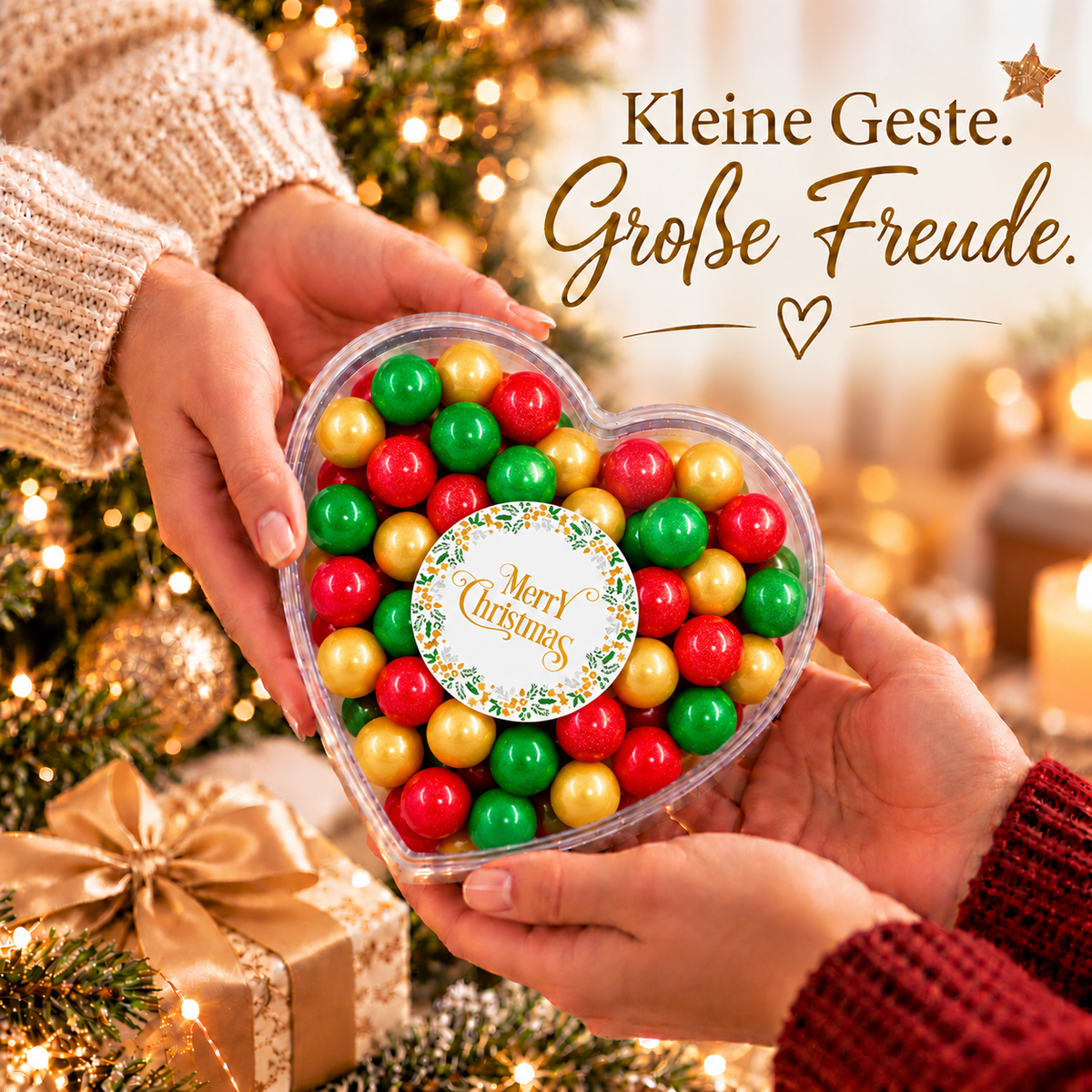 Geschenkherz Weihnachten rot-grün-gold „Merry Christmas“ mit Schokolade – festliche Weihnachtsstimmung