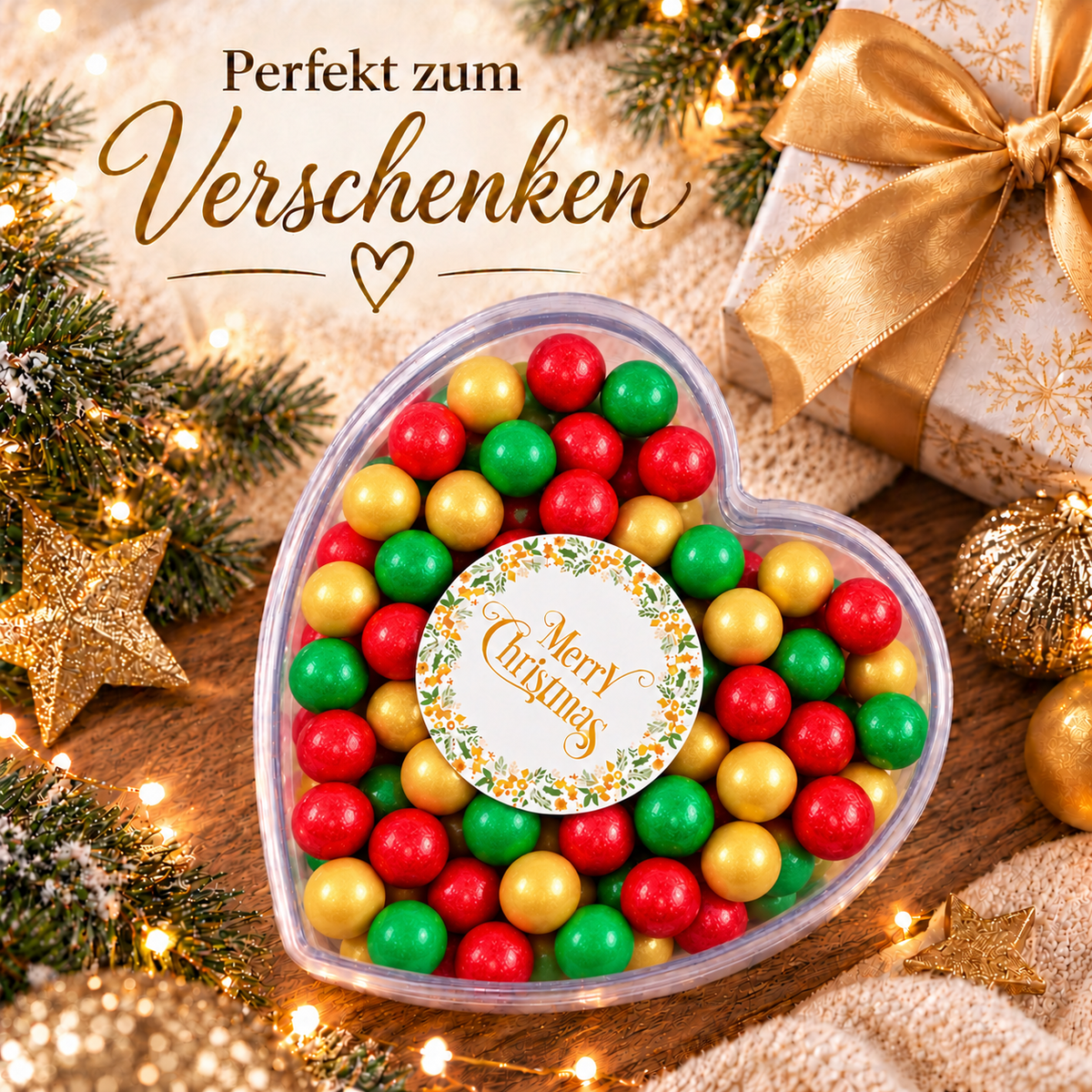 Geschenkherz Weihnachten rot-grün-gold „Merry Christmas“ mit Schokolade – als kleines Wichtelgeschenk verschenken