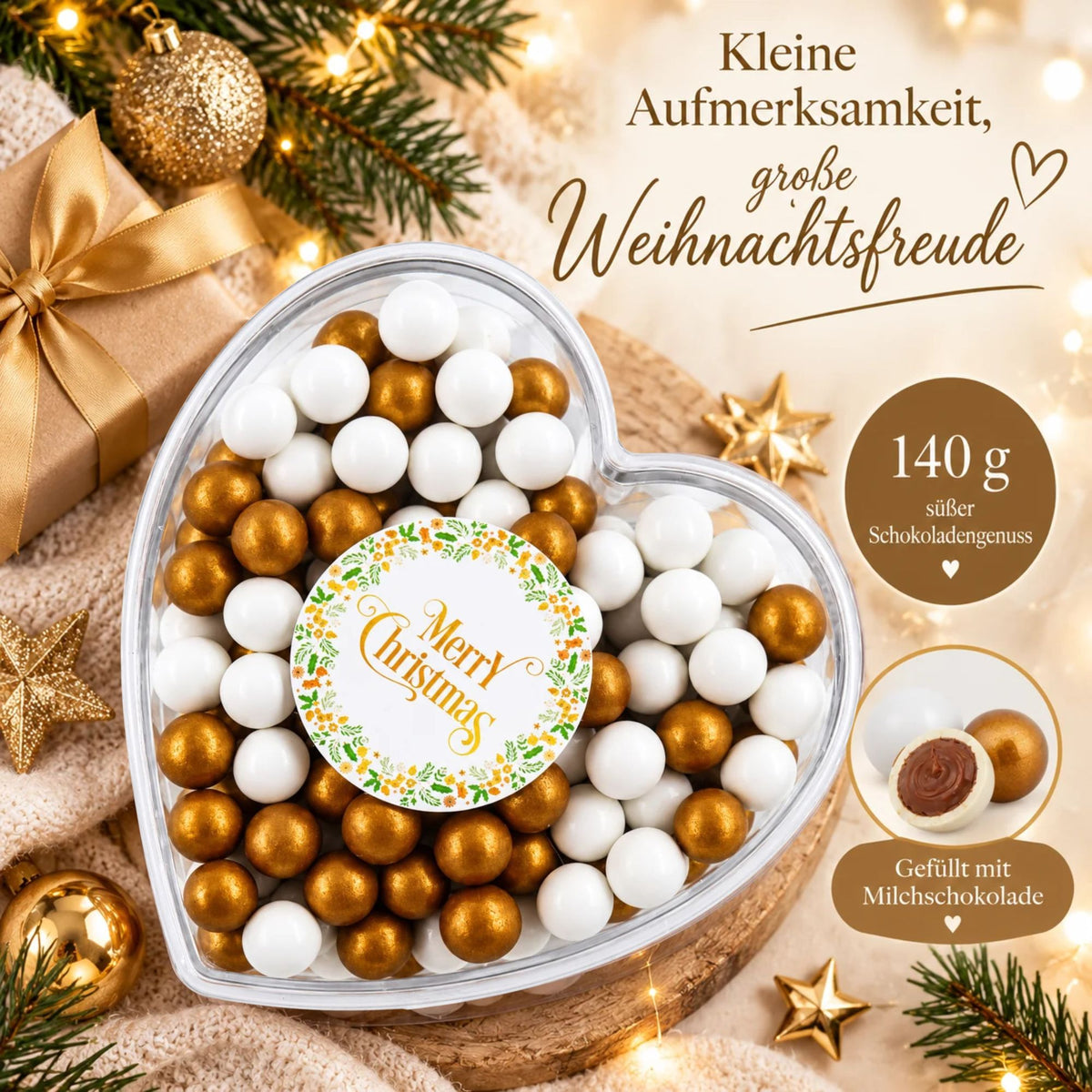 Geschenkherz Weihnachten weiß-gold „Merry Christmas“ mit Schokolade – fertig verpackt als Weihnachtsgeschenk