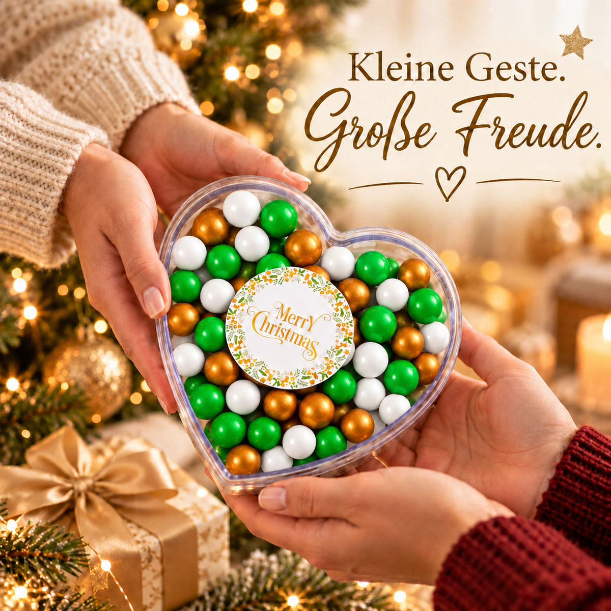 Geschenkherz Weihnachten weiß-gold-grün „Merry Christmas“ mit Schokolade – Weihnachtsdeko