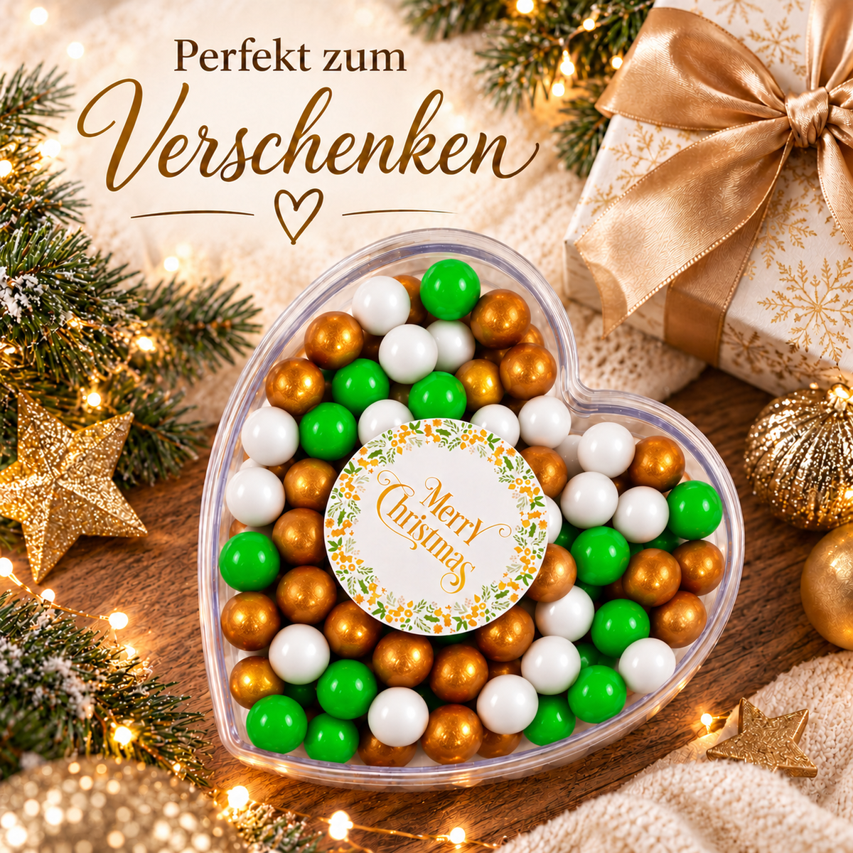 Geschenkherz Weihnachten weiß-gold-grün „Merry Christmas“ mit Schokolade – Blick auf den Inhalt