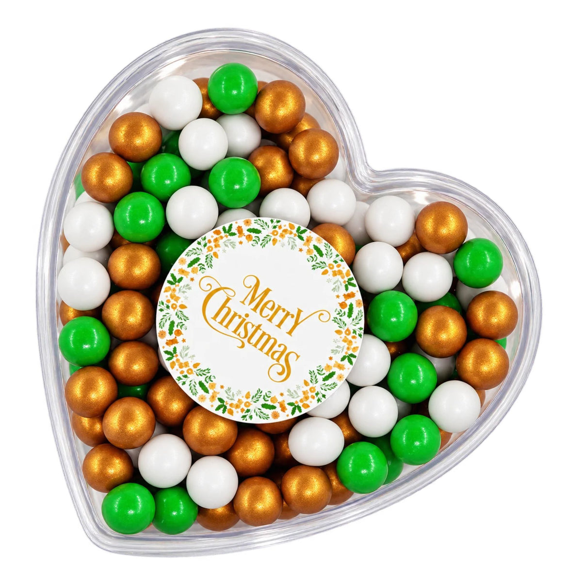 Geschenkherz Weihnachten weiß-gold-grün „Merry Christmas“ mit Schokolade – Produktbild