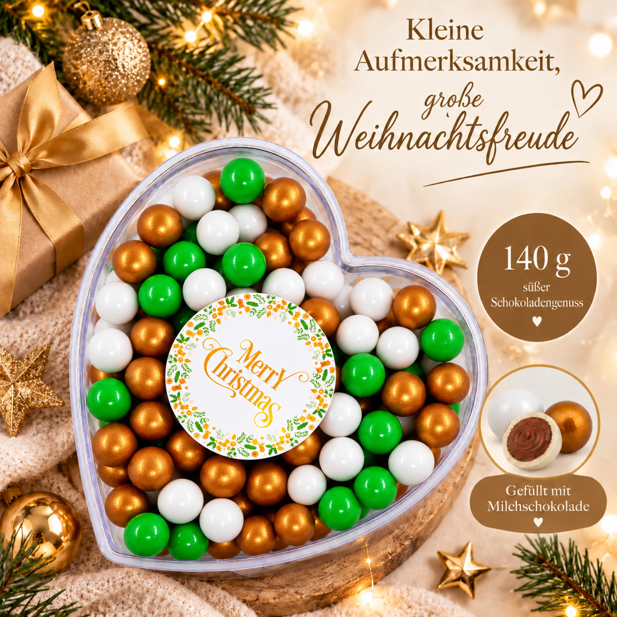 Geschenkherz Weihnachten weiß-gold-grün „Merry Christmas“ mit Schokolade – festliche Weihnachtsstimmung
