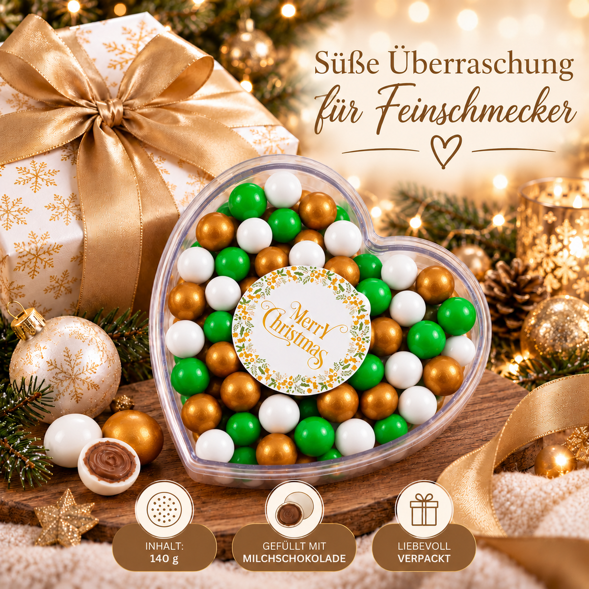 Geschenkherz Weihnachten weiß-gold-grün „Merry Christmas“ mit Schokolade – süße Weihnachtsüberraschung