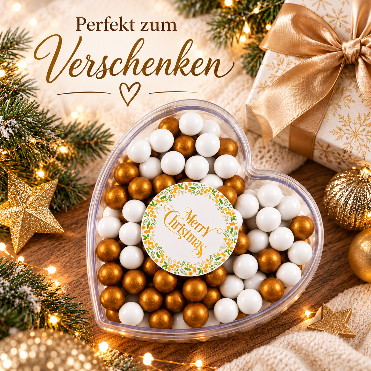 Geschenkherz Weihnachten weiß-gold „Merry Christmas“ mit Schokolade – Blick auf den Inhalt