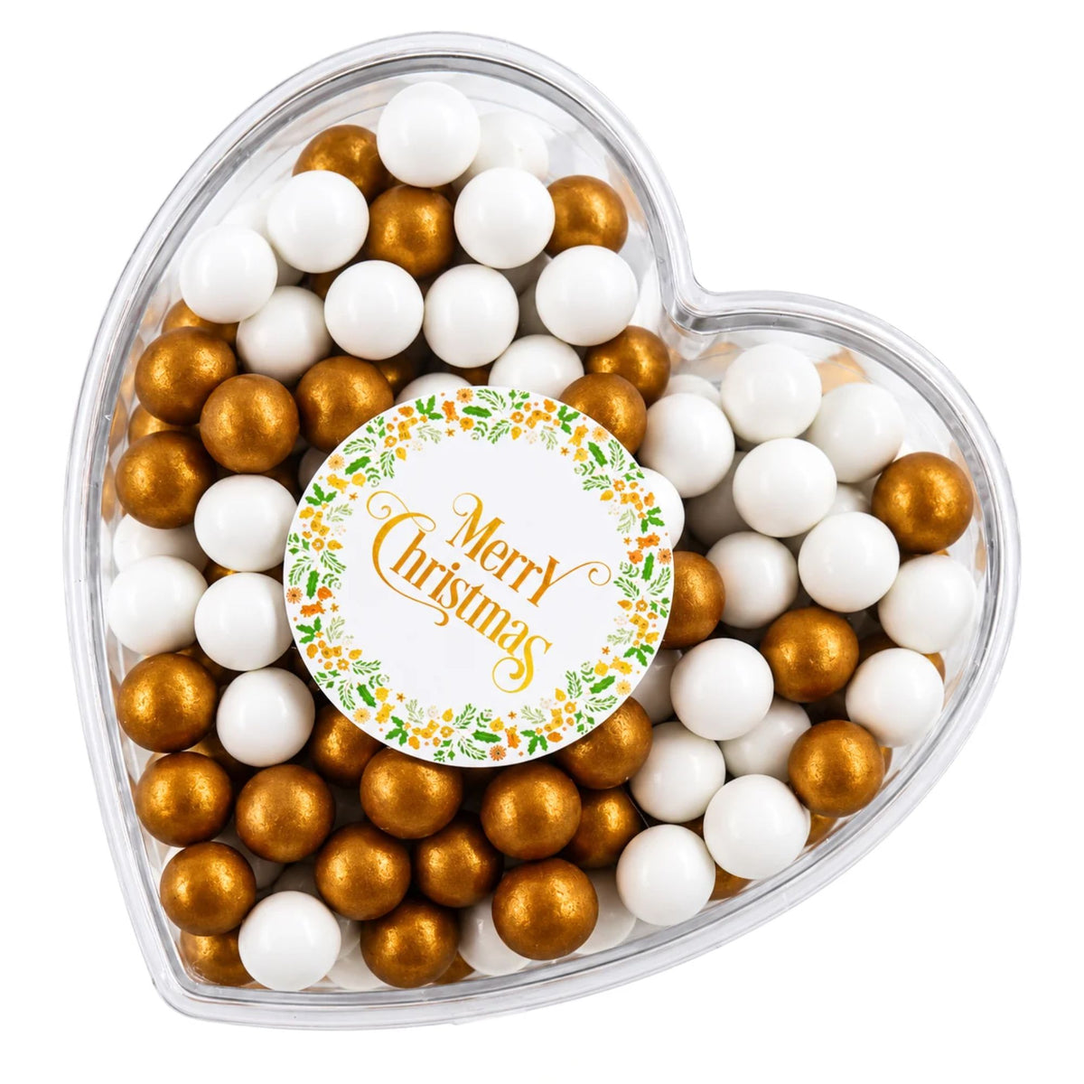 Geschenkherz Weihnachten weiß-gold „Merry Christmas“ mit Schokolade – Produktbild