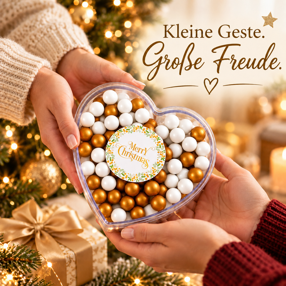 Geschenkherz Weihnachten weiß-gold „Merry Christmas“ mit Schokolade – festliche Weihnachtsstimmung
