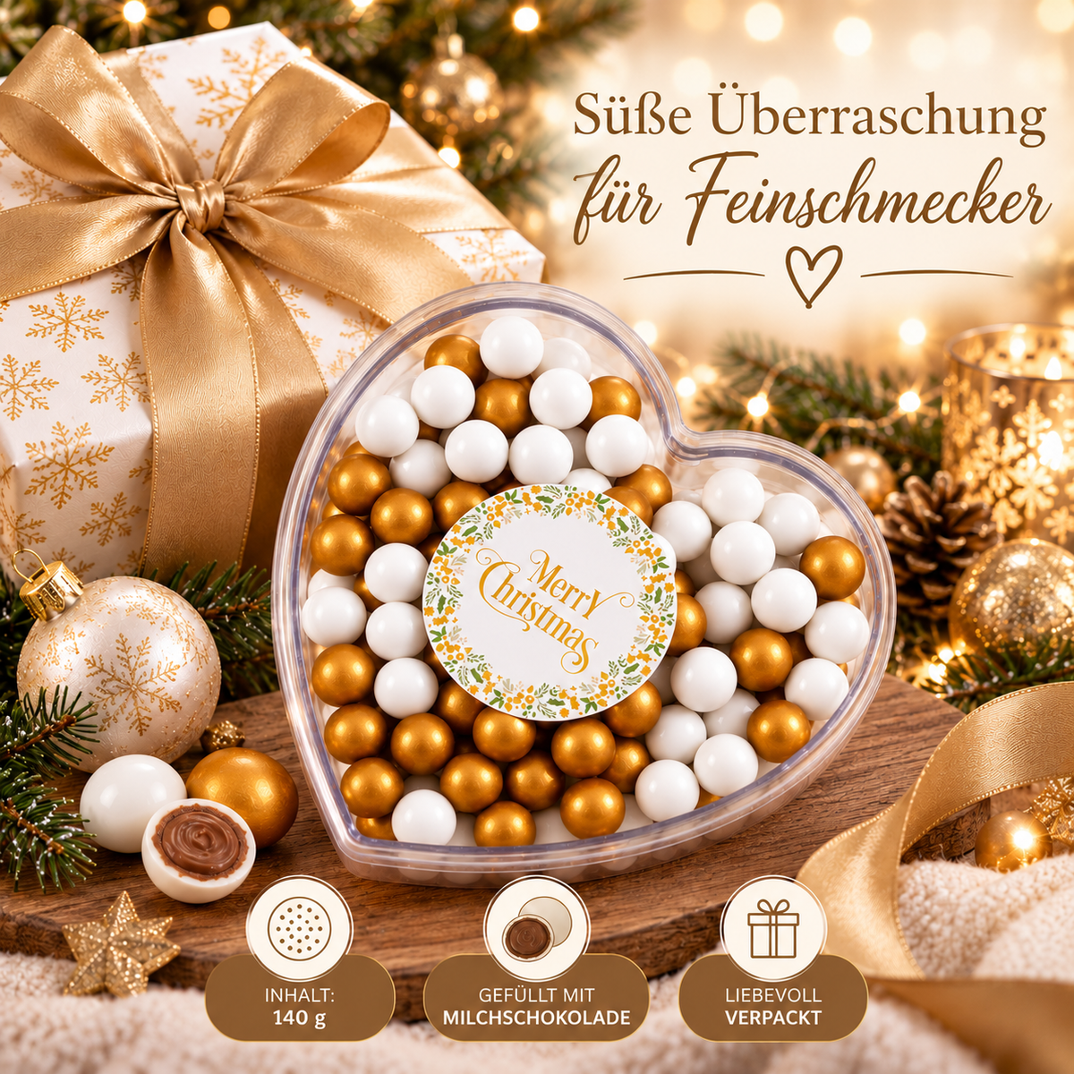 Geschenkherz Weihnachten weiß-gold „Merry Christmas“ mit Schokolade – süße Weihnachtsüberraschung