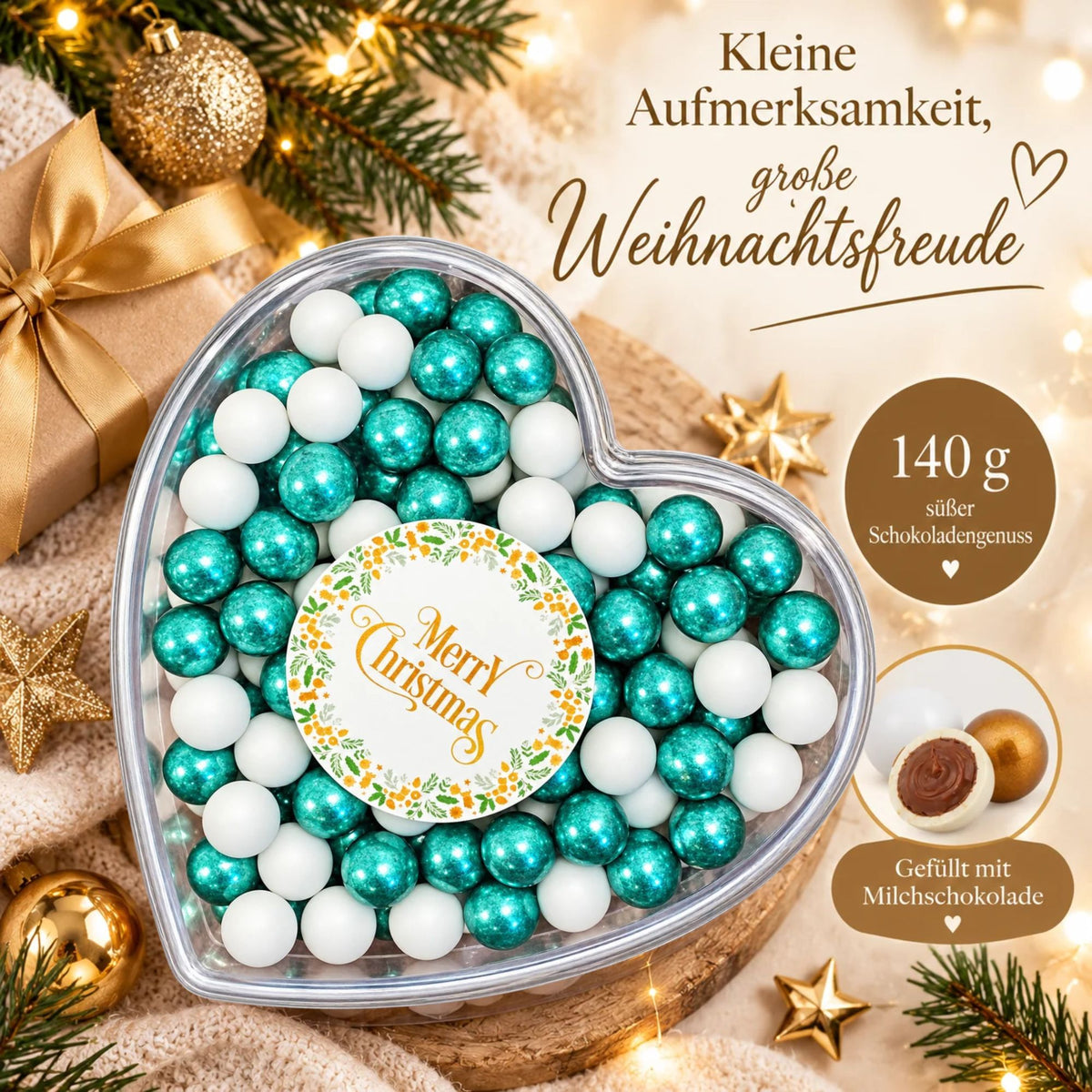 Geschenkherz Weihnachten weiß-grün „Merry Christmas“ mit Schokolade – fertig verpackt als Weihnachtsgeschenk