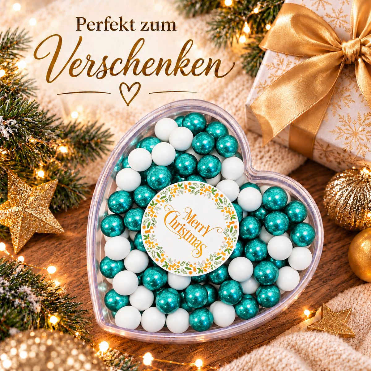 Geschenkherz Weihnachten weiß-grün „Merry Christmas“ mit Schokolade – Blick auf den Inhalt