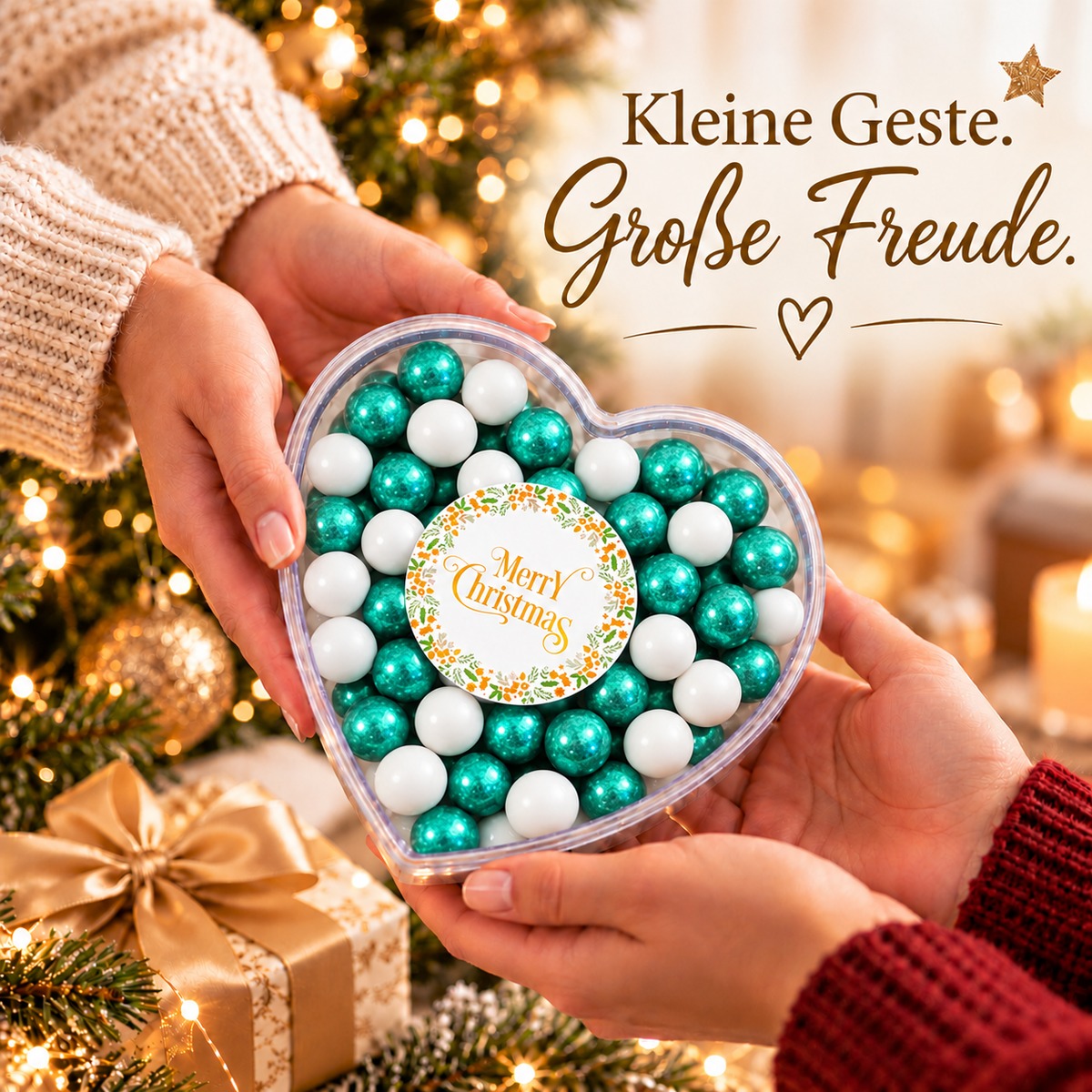 Geschenkherz Weihnachten weiß-grün „Merry Christmas“ mit Schokolade – als kleines Wichtelgeschenk verschenken
