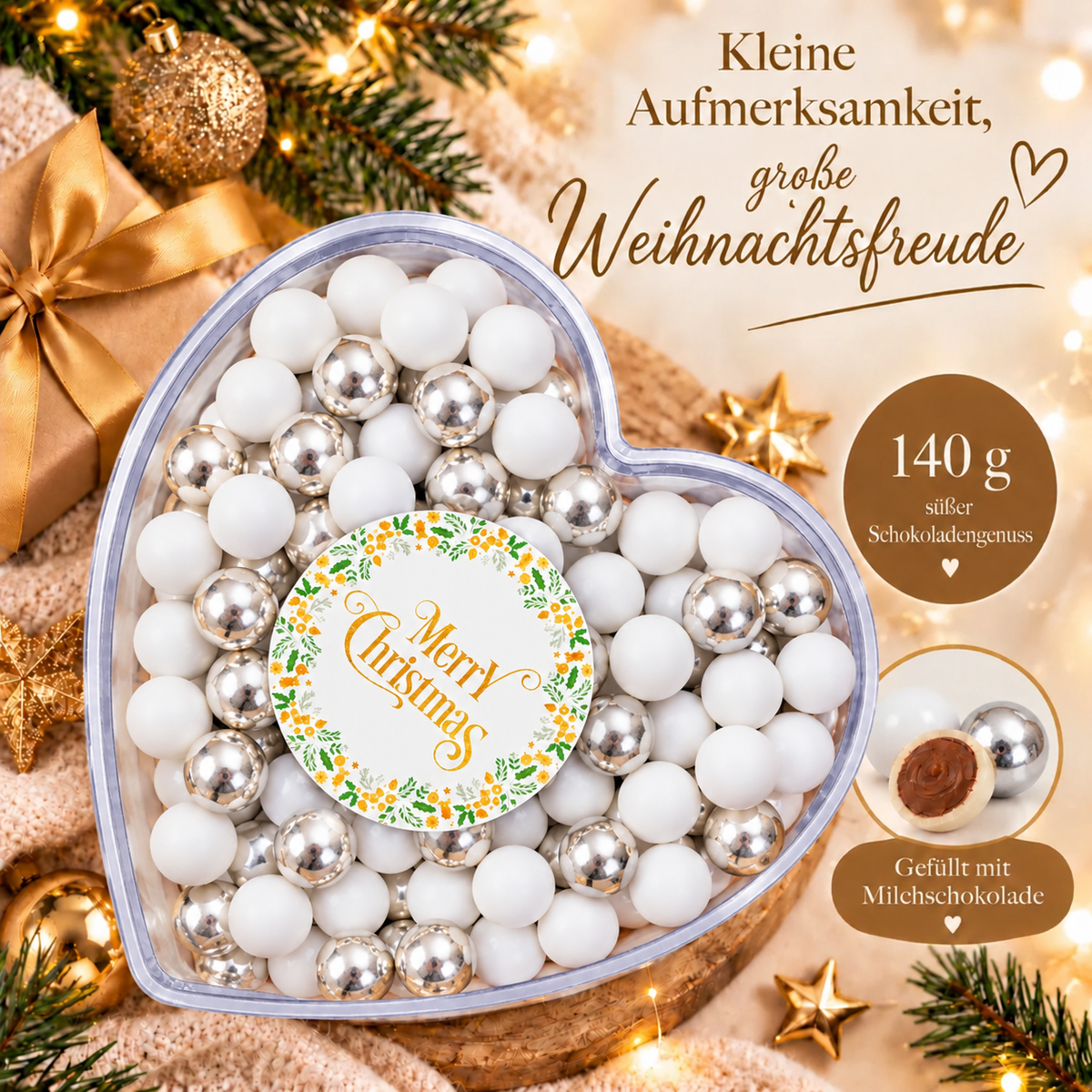 Geschenkherz Weihnachten weiß-silber „Merry Christmas“ mit Schokolade – Blick auf den Inhalt