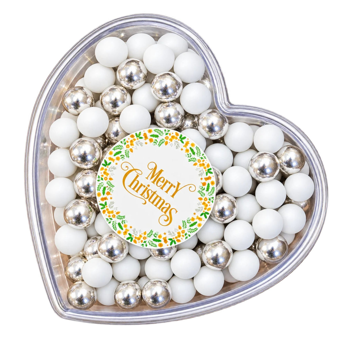 Geschenkherz Weihnachten weiß-silber „Merry Christmas“ mit Schokolade – Produktbild