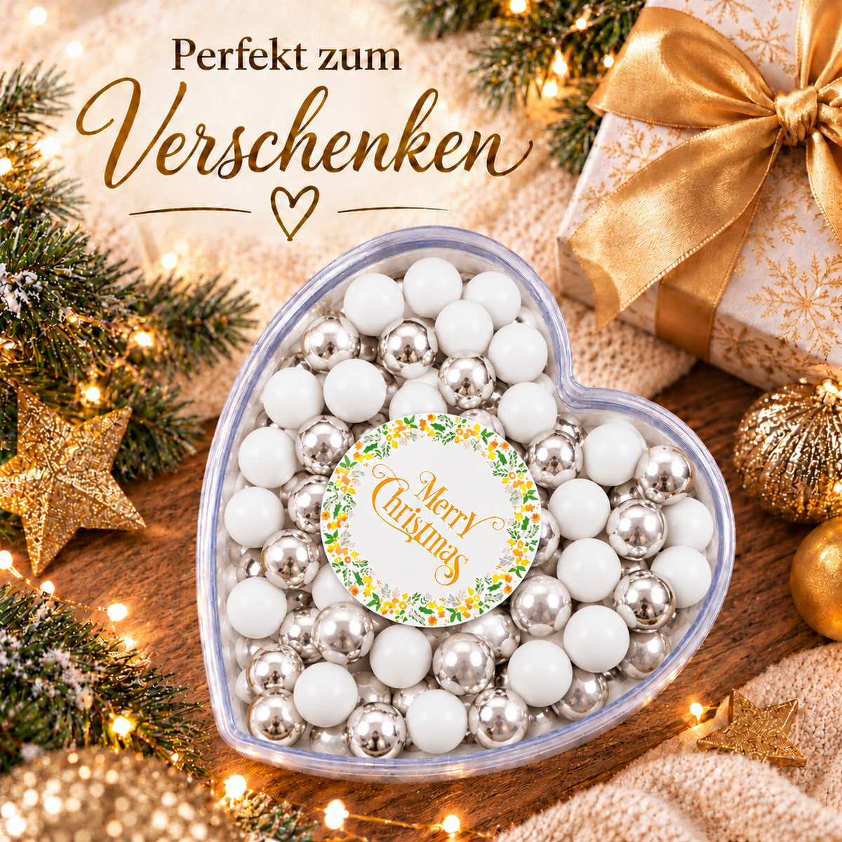 Geschenkherz Weihnachten weiß-silber „Merry Christmas“ mit Schokolade – festliche Weihnachtsstimmung