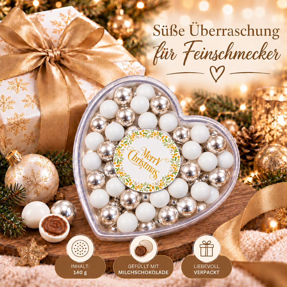 Geschenkherz Weihnachten weiß-silber „Merry Christmas“ mit Schokolade – süße Weihnachtsüberraschung
