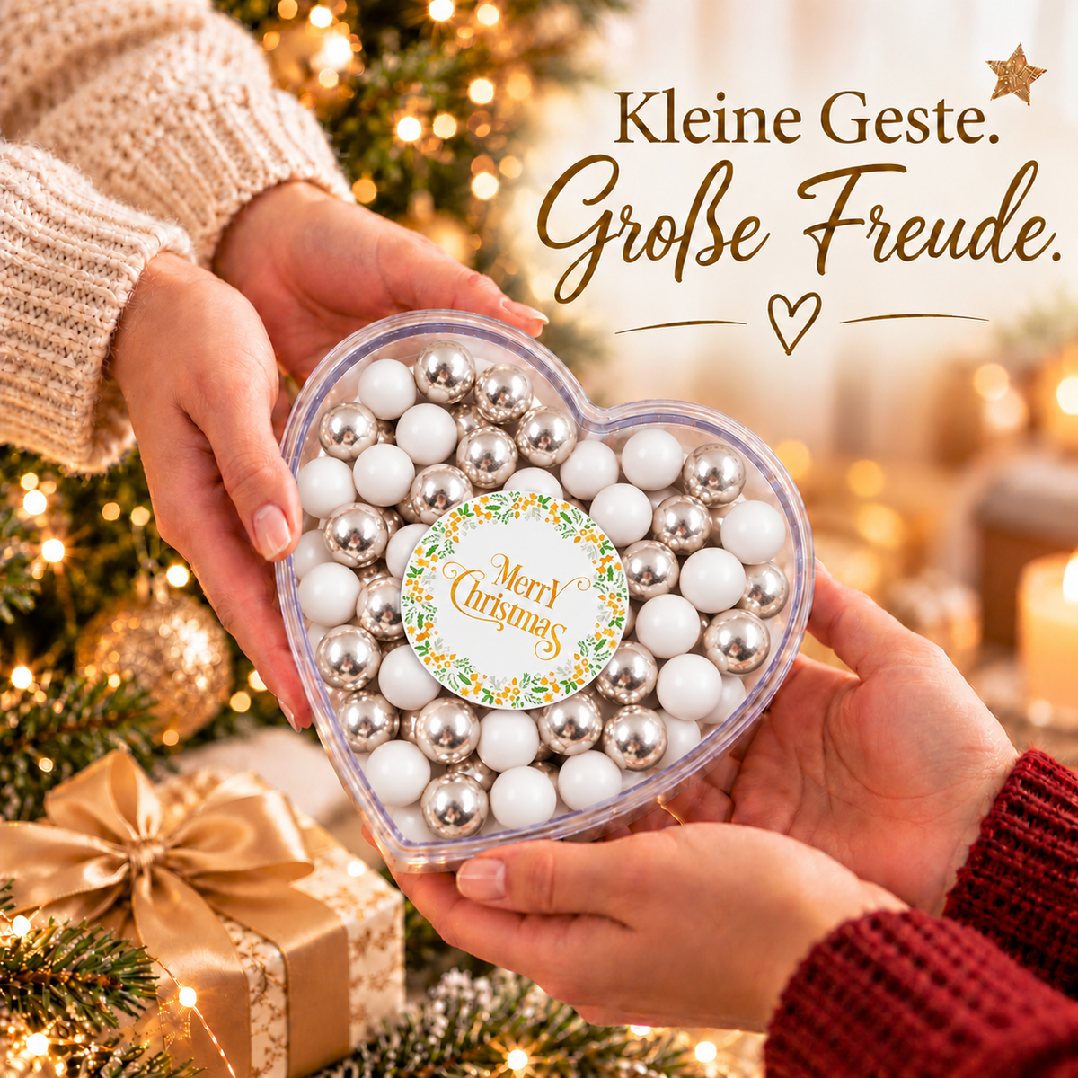Geschenkherz Weihnachten weiß-silber „Merry Christmas“ mit Schokolade – als kleines Wichtelgeschenk verschenken