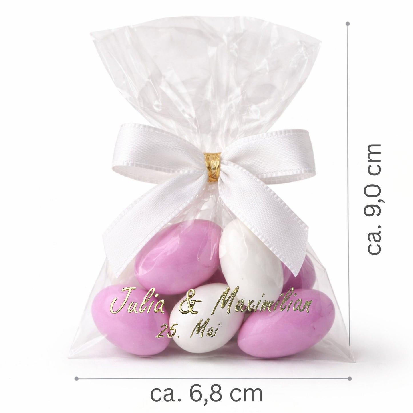 5x personalisierte Gastgeschenke mit weiß & flieder Zuckermandeln – Perfekt für Hochzeit, Taufe & Babyshower