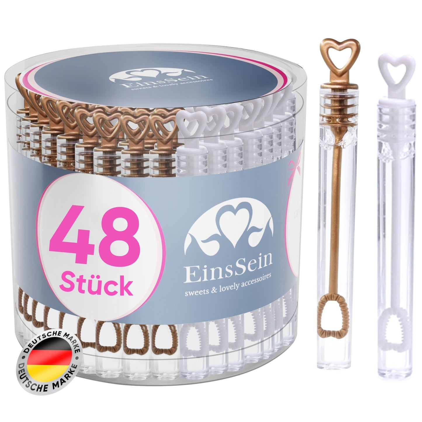 48 Seifenblasen Hochzeit Herzgläschen Set bronze-gold - weiss