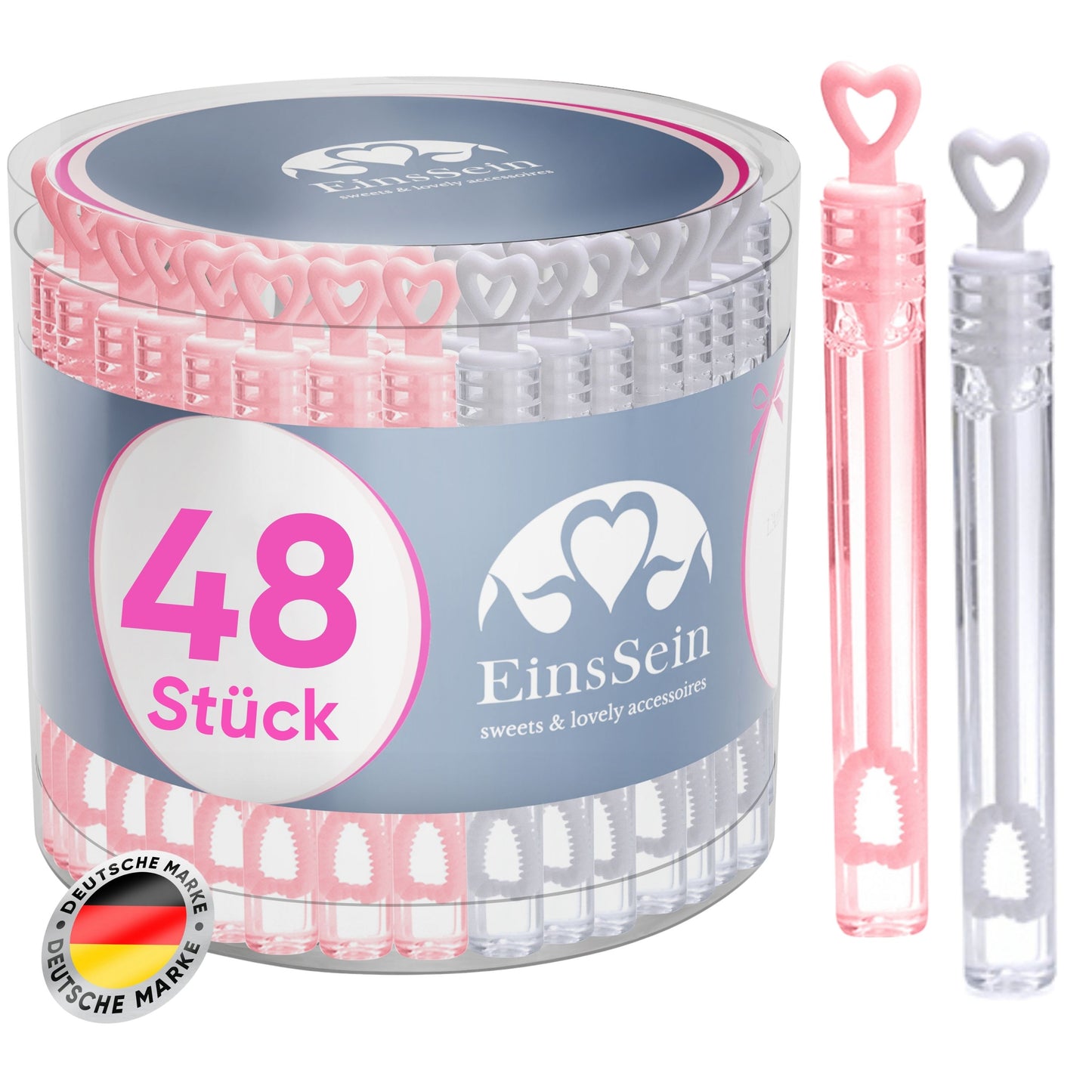 48 Seifenblasen Hochzeit Herzgläschen Set rosa-weiss