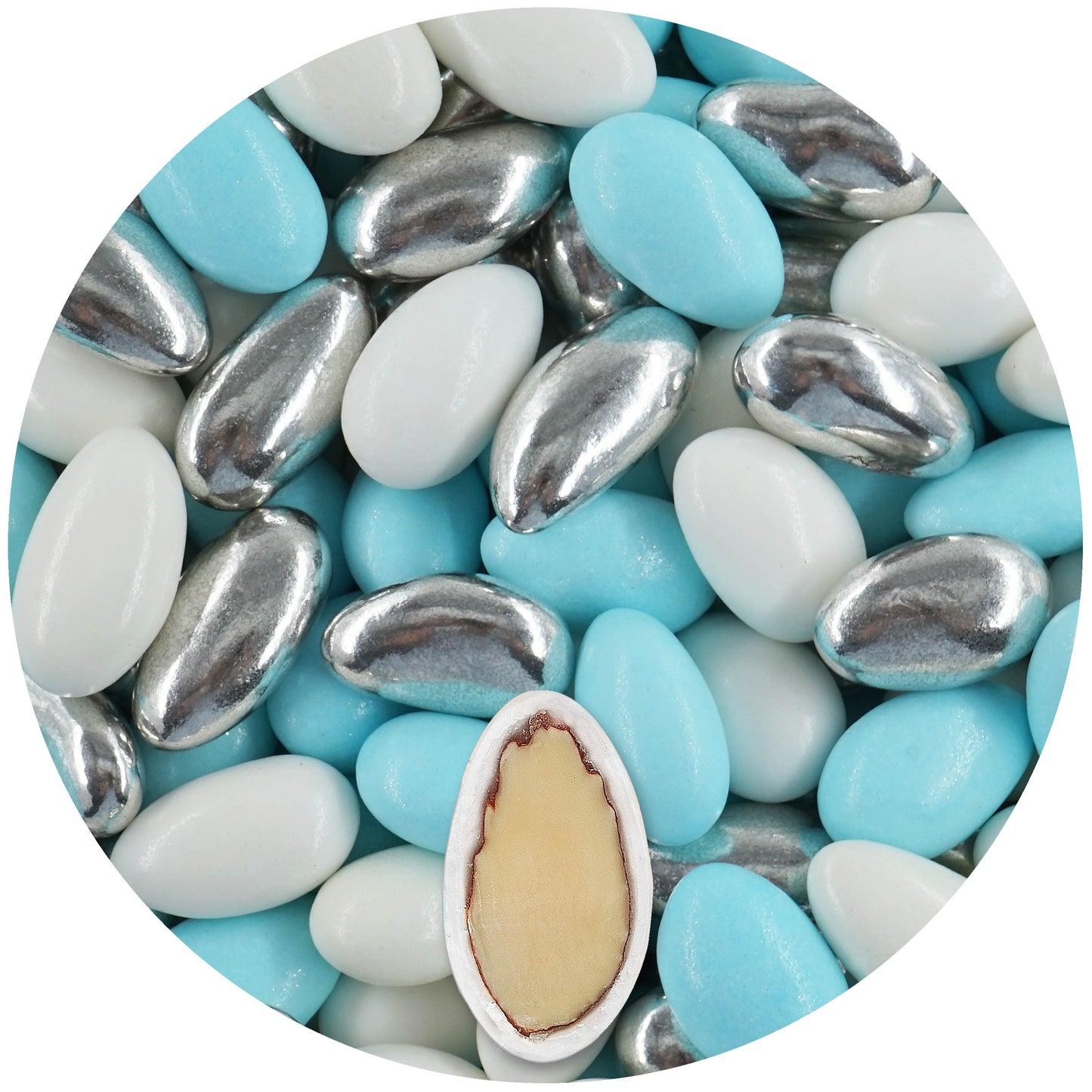 1kg Hochzeitsmandeln Conchiglia Mix weiss-hellblau-silber glanz
